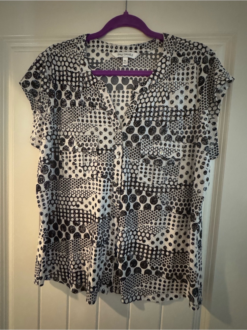 Emily Daniels Black & White Dot-Pattern Short Sleeve Blouse